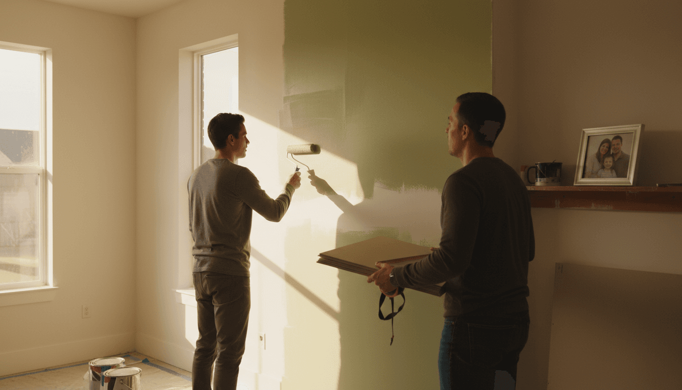 Two professionals working together on an interior painting project in a home