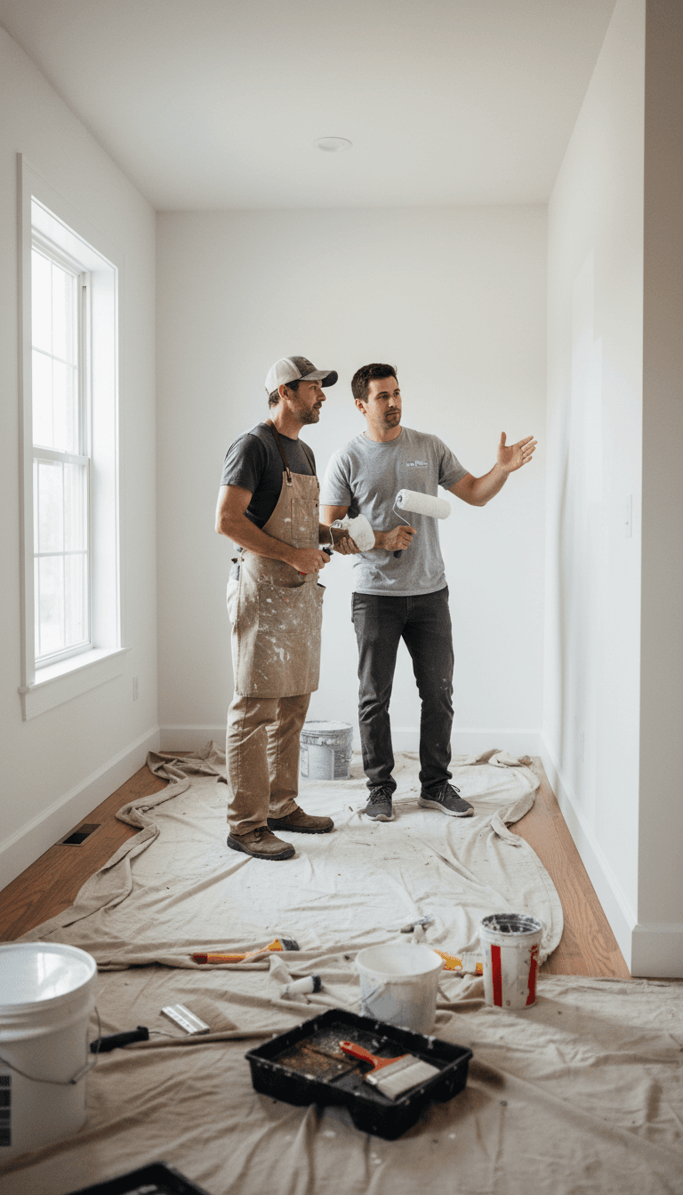 Industrial documentary aesthetic wide shot of two professional painters standing side by side in a residential interior space