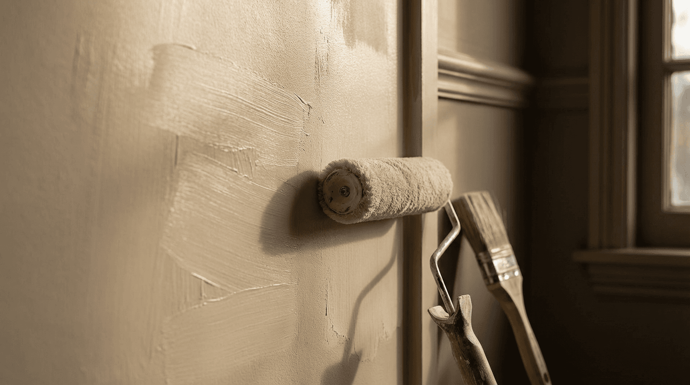 Professional painter applying fresh paint to interior wall with precision and care